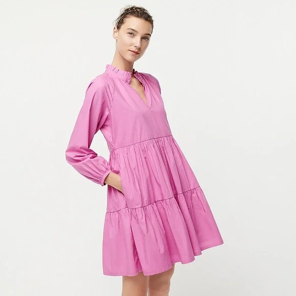 j crew pink ruffle dress J Crew Pink Poplin Tiered Dress